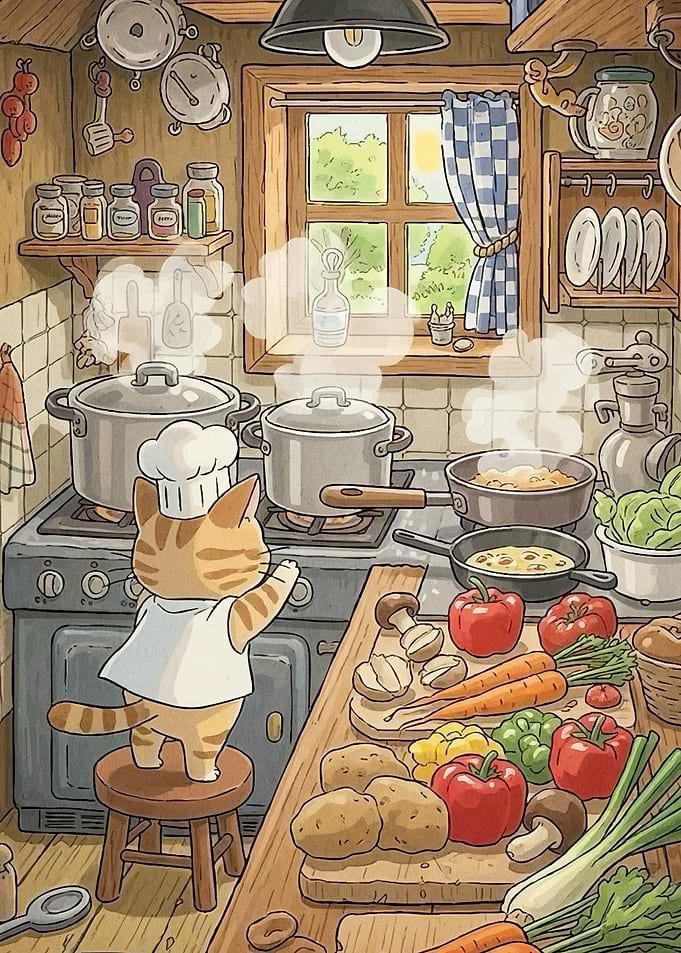 Cat Chef Cozy Kitchen Scene