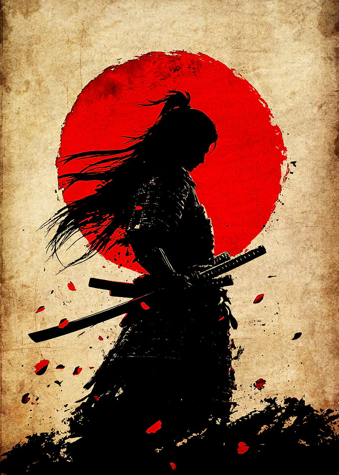Silhouette Samurai with Red Sun