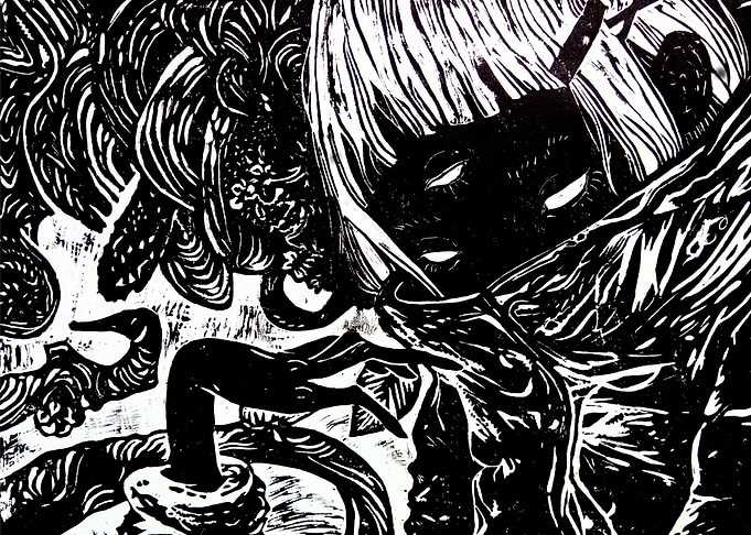 Girl Black and White Woodcut