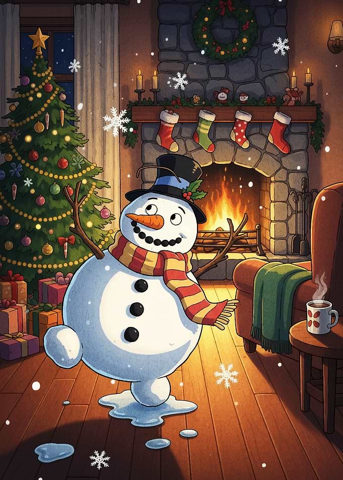 Festive Snowman by Fireplace Christmas Scene