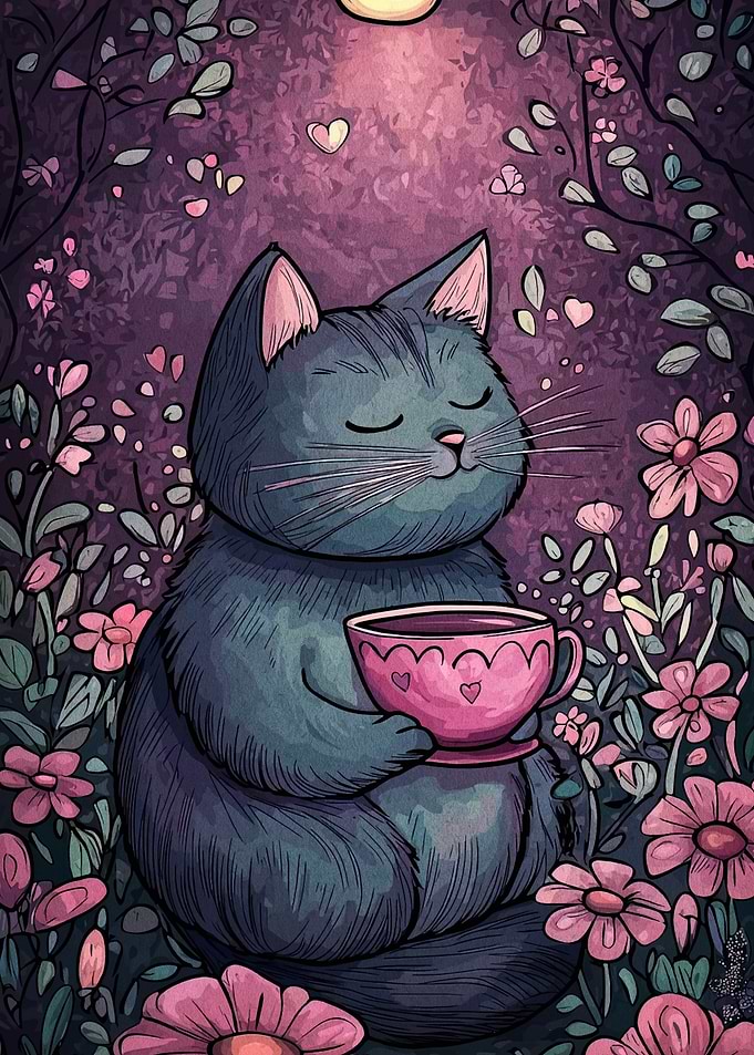 Cat with Tea Cup in Garden