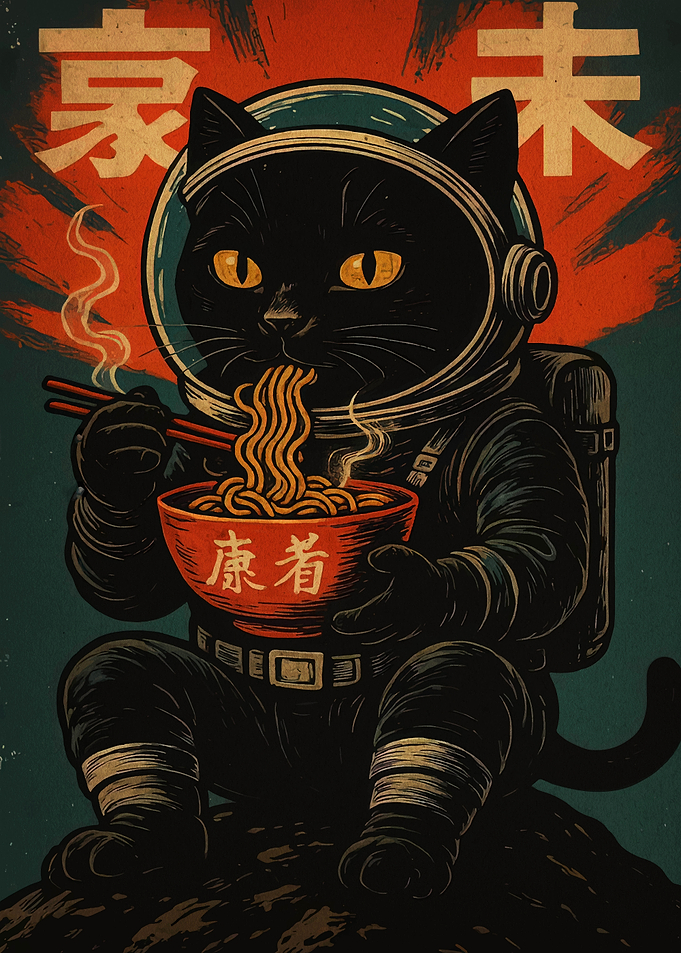 Astronaut Cat Eating Ramen Illustration