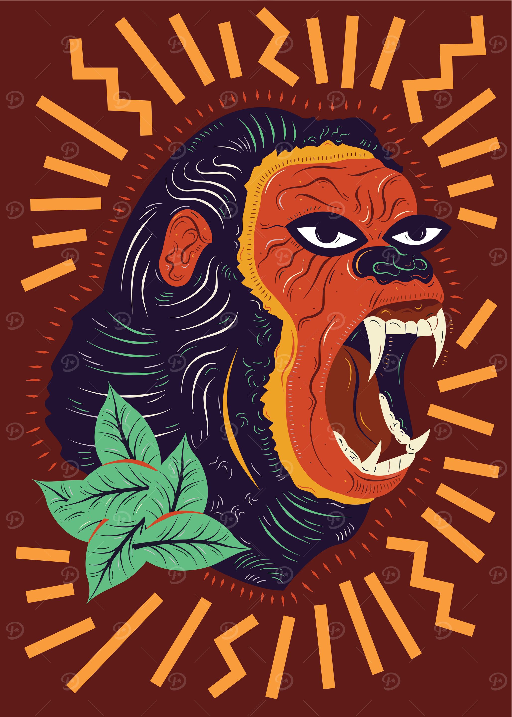 Roaring Gorilla Illustration with Leaves