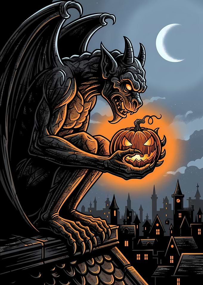 Vintage Halloween Gothic Gargoyle with Jack-o’-Lantern