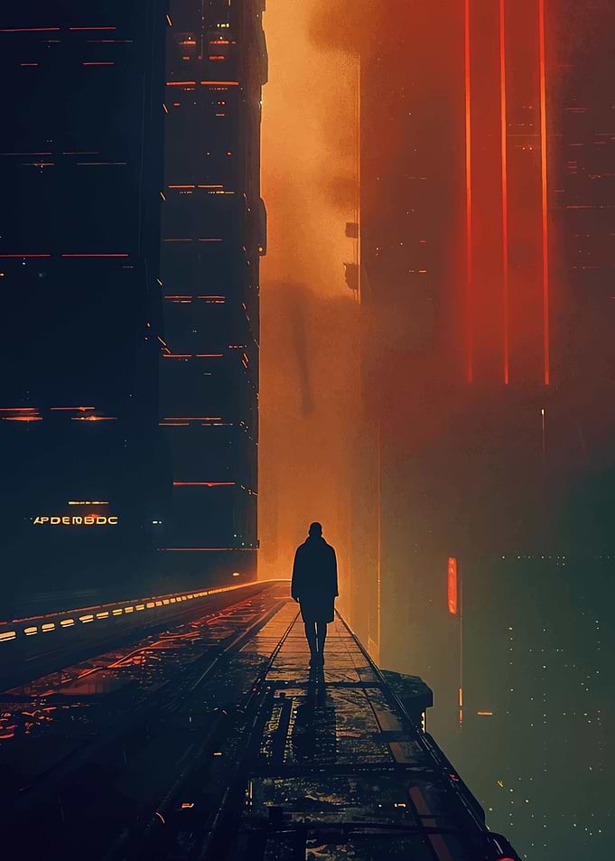 Cyberpunk Cityscape with Solitary Figure