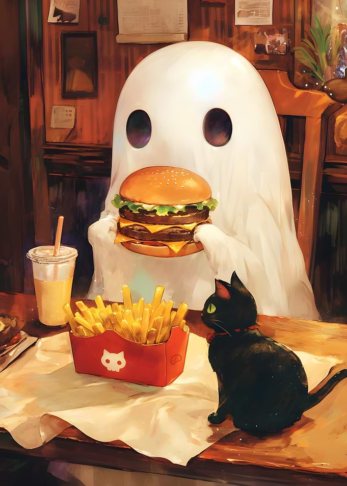 Ghost with Burger and Black Cat