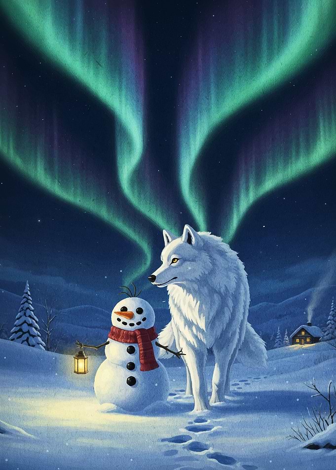 Wolf and Snowman under Aurora Borealis
