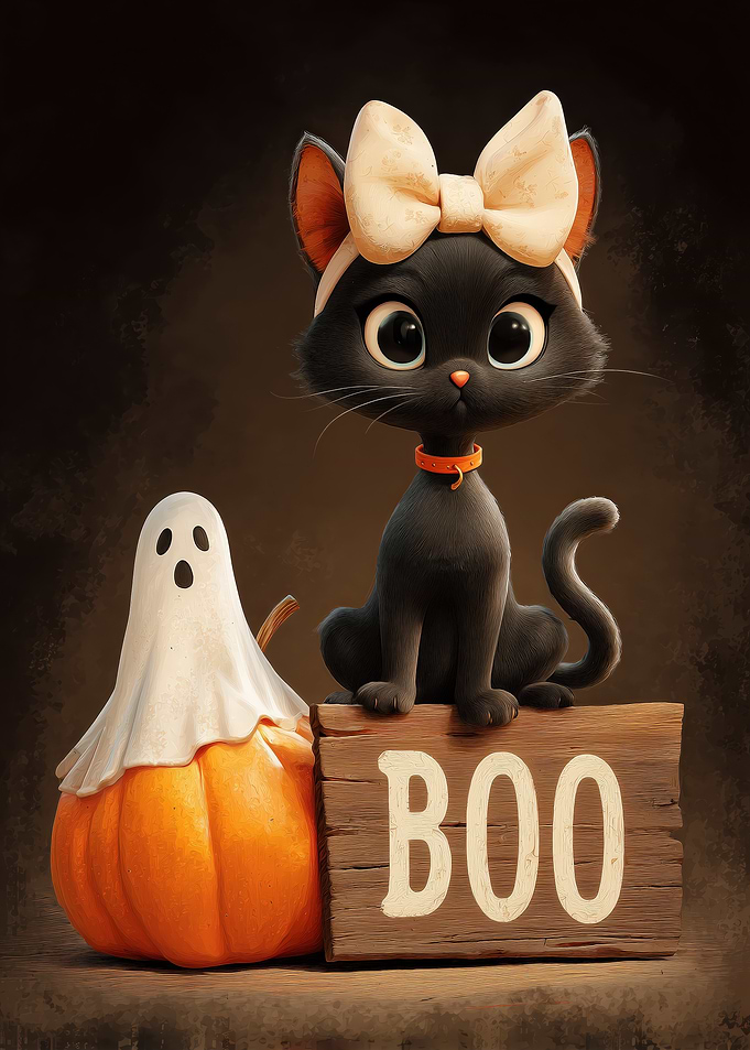 Halloween Cat with Ghost Pumpkin