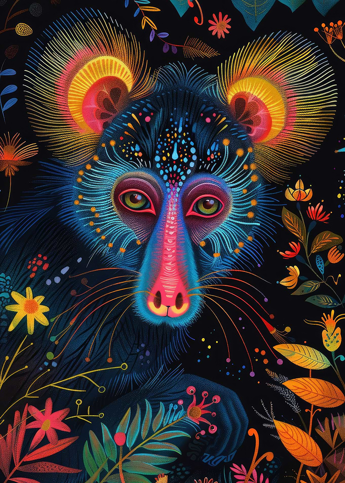 Neon Mandrill Portrait with Floral Accents