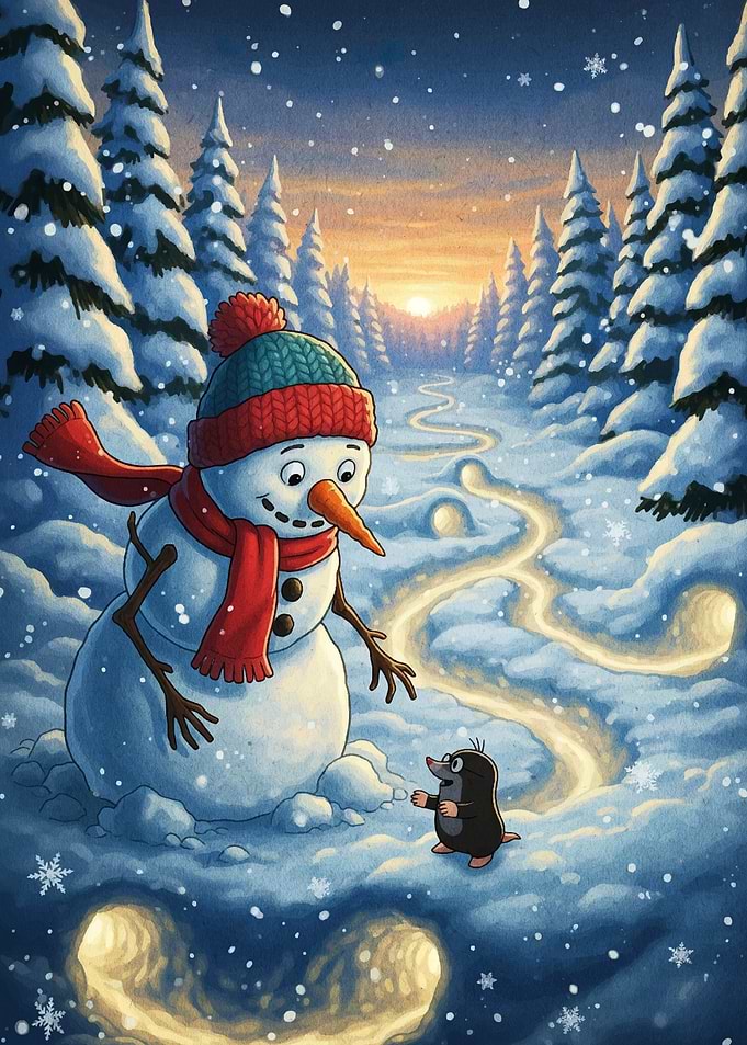 Snowman and Mole in Winter Landscape