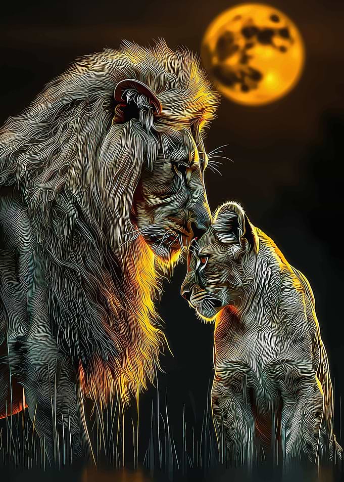 Lion and Lioness Under the Moon