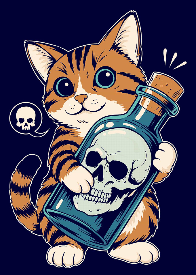 Cute Cat with Skull Poison Bottle
