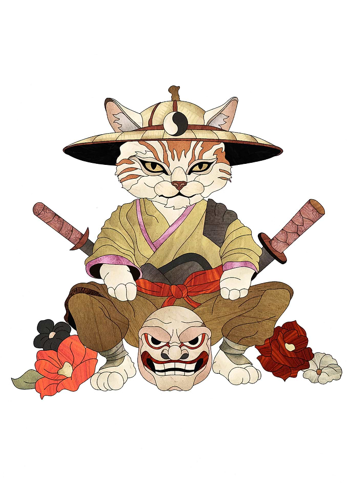 Samurai Cat with Mask and Swords