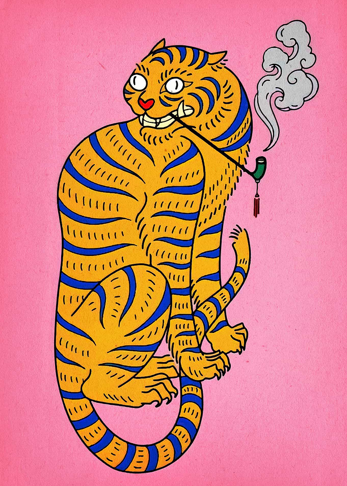 Cartoon Tiger Smoking Pipe on Pink