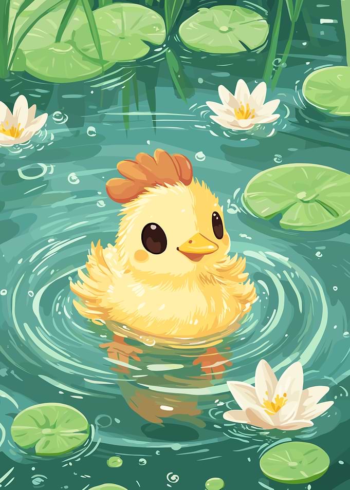 Cute Chick Swimming in a Pond