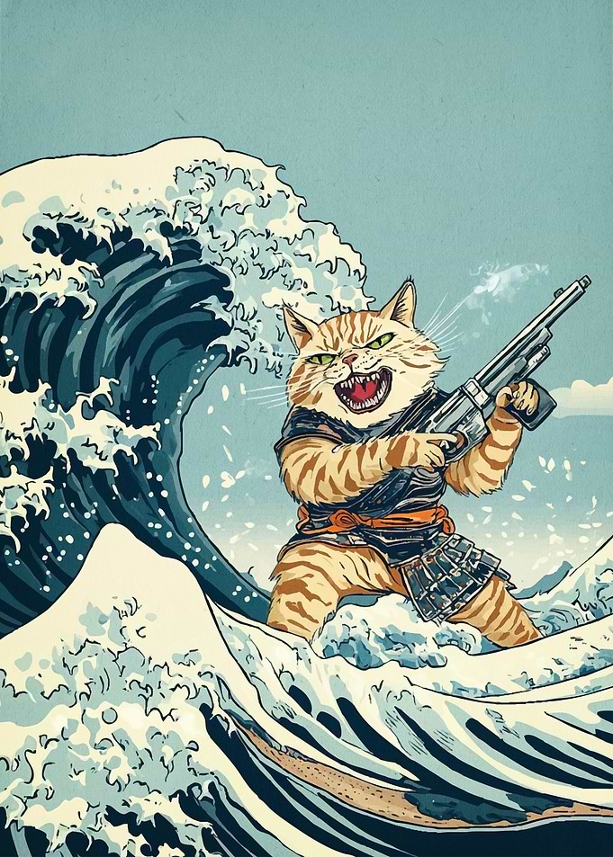 Samurai Cat Riding Wave Gun