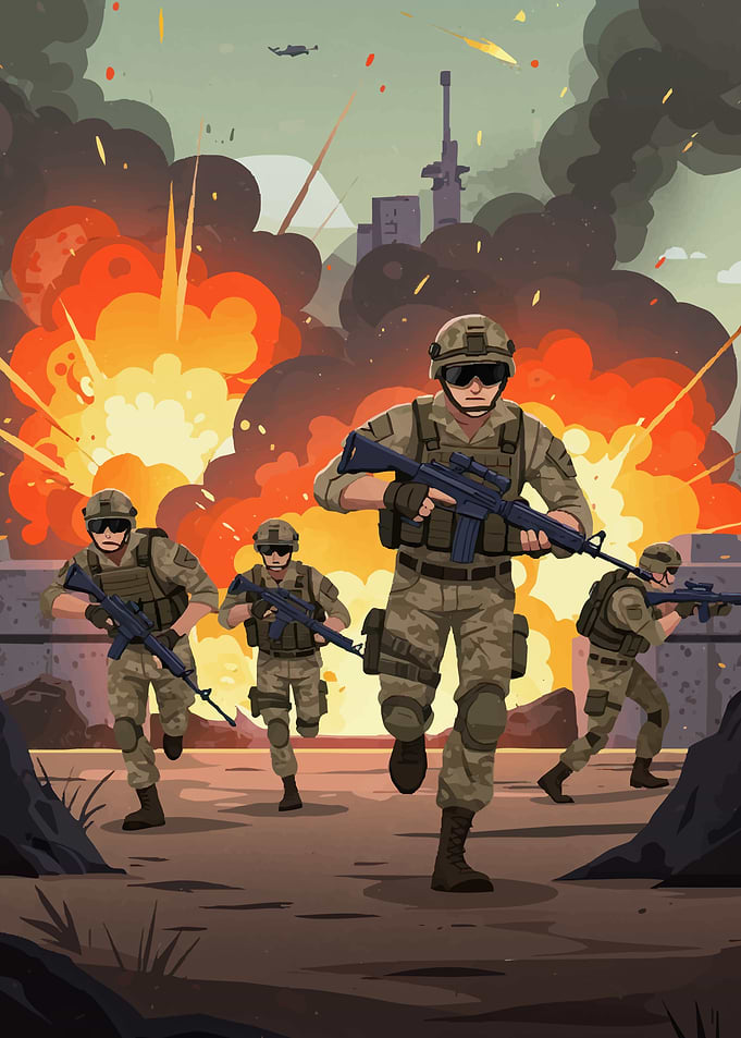 Soldiers in Action with Explosions