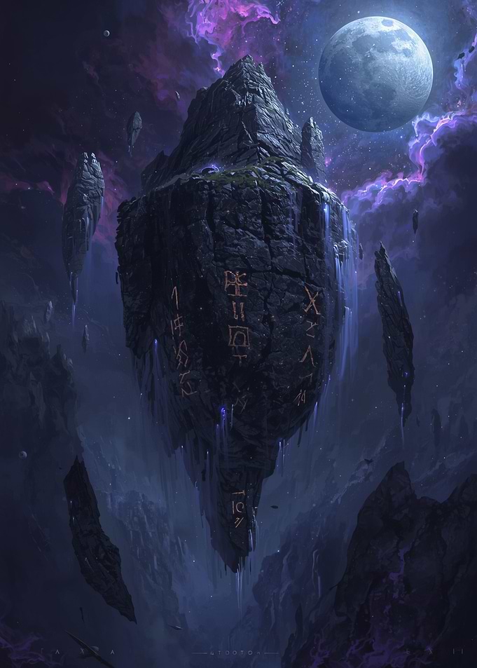 Floating Island with Runes and Moon- Dark Fantasy Art