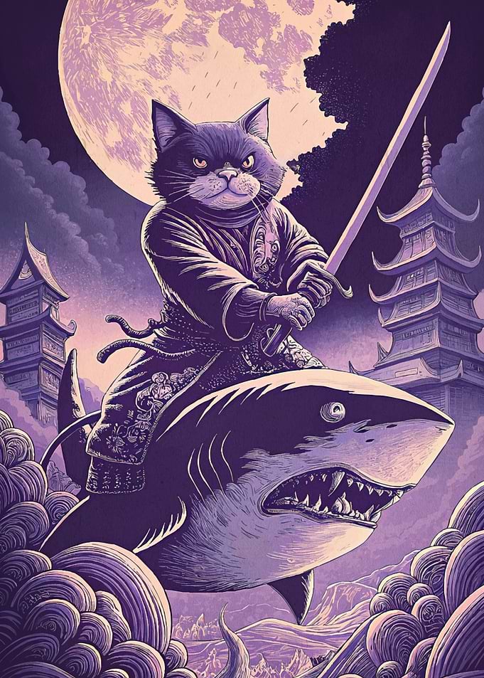 Samurai Cat Riding Shark