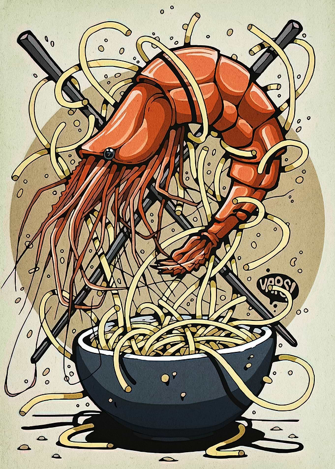 Shrimp and Noodles Illustration