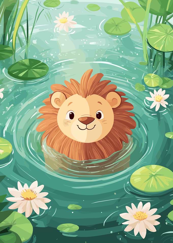 Cartoon Lion Swimming in a Pond
