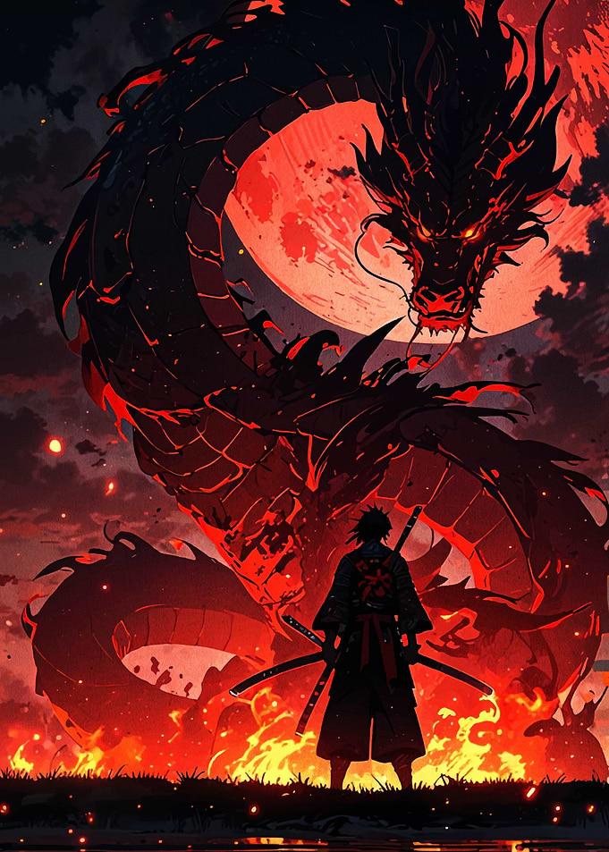 Samurai and Fiery Dragon Under Red Moon