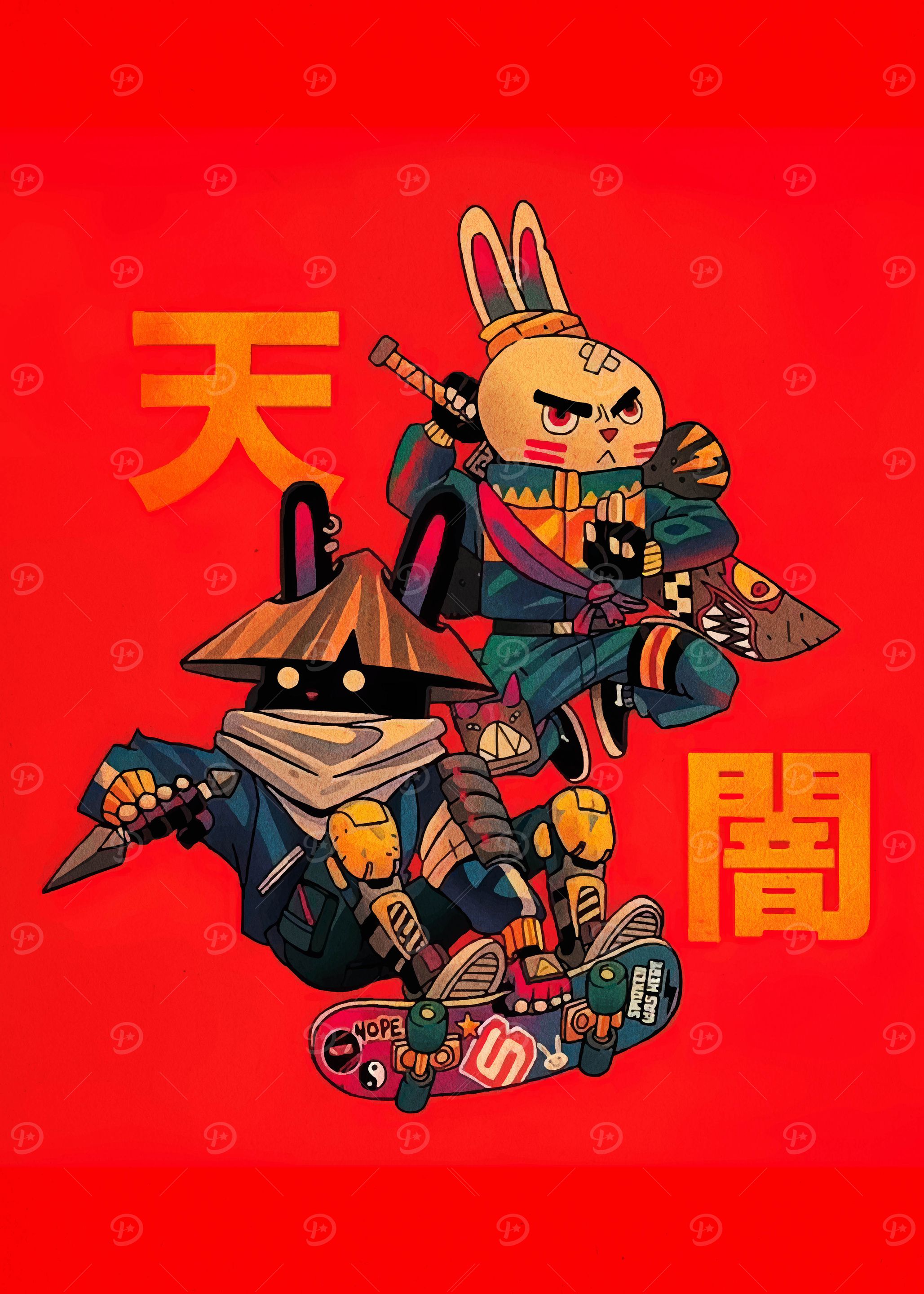 Rabbit Samurai Skateboarders on Red Background