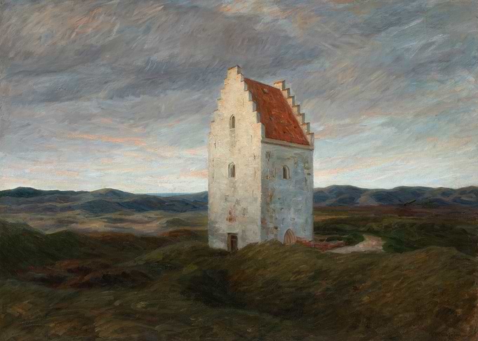 Abandoned Church Tower in Landscape Painting
