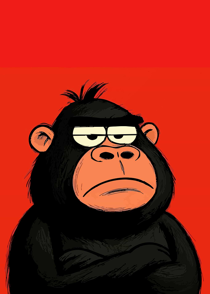 Grumpy Cartoon Gorilla on Red Background