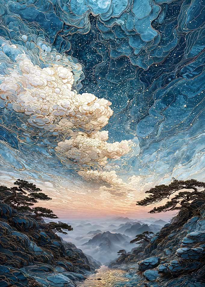 Dreamy Mountain Landscape with Clouds