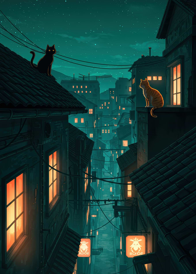 Cats on Rooftops at Night