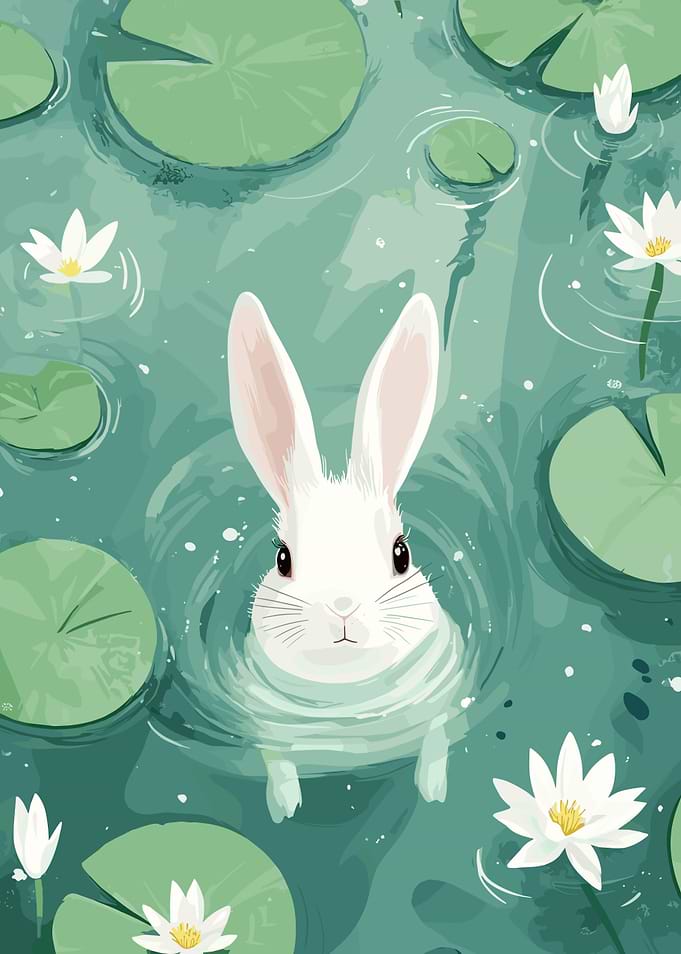 White Rabbit in Lily Pond Illustration