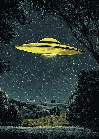 UFO over rural landscape at night