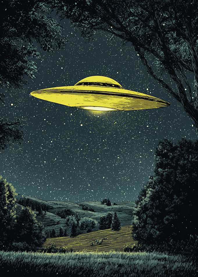 UFO over rural landscape at night