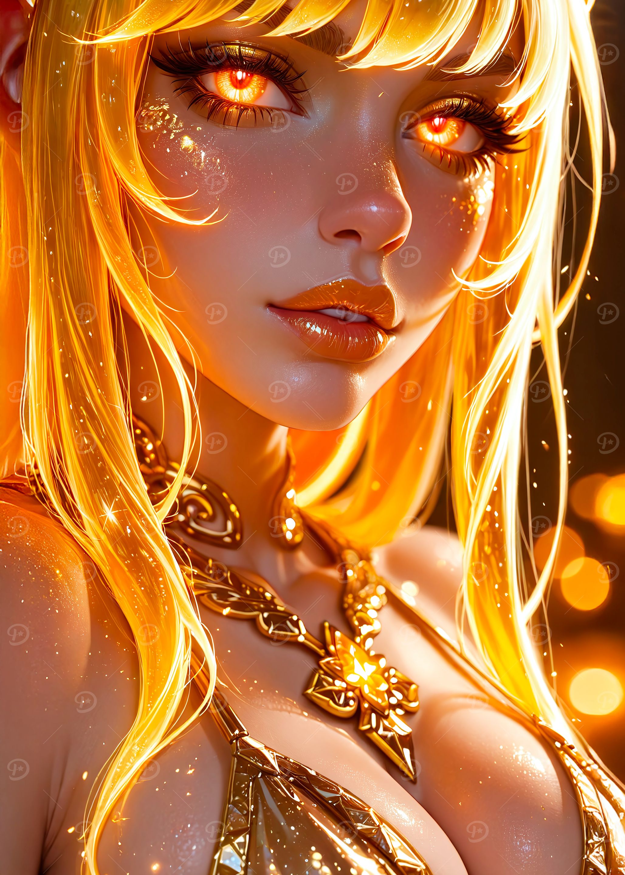 Golden Woman Portrait with Fiery Eyes