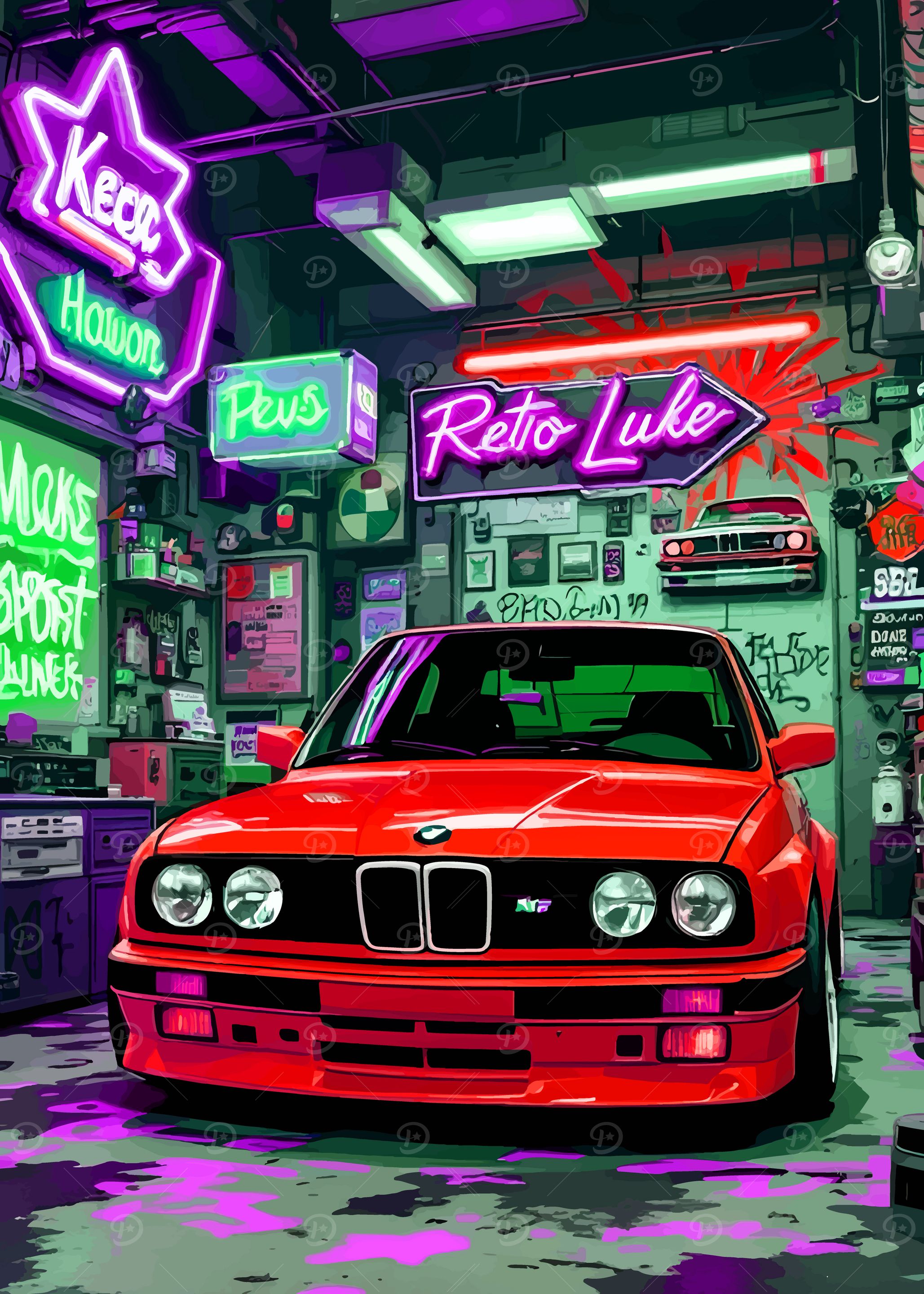 Red BMW in Neon Garage