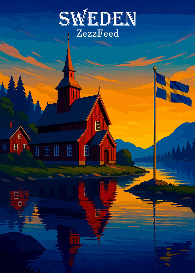 Sweden Landscape with Church and Flag