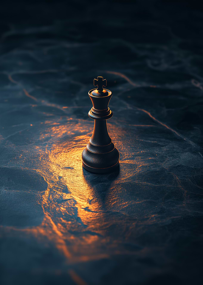 A lone king chess piece on a dark glowing board