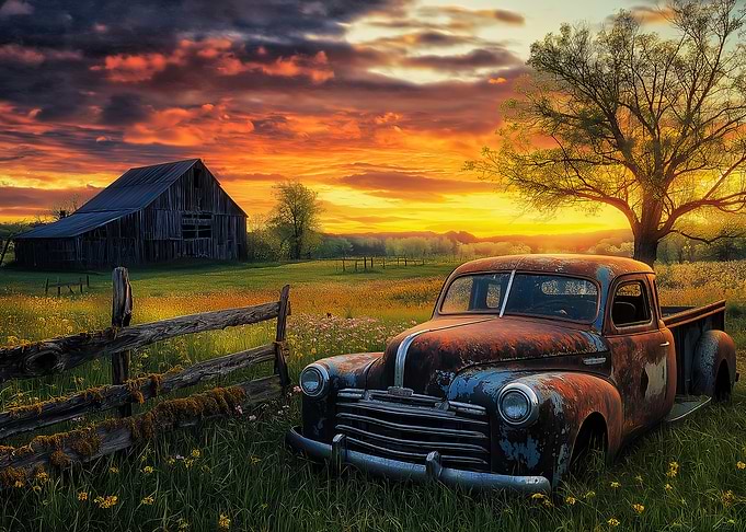 Rustic Truck at Sunset in Countryside with Barn - Landscape photo