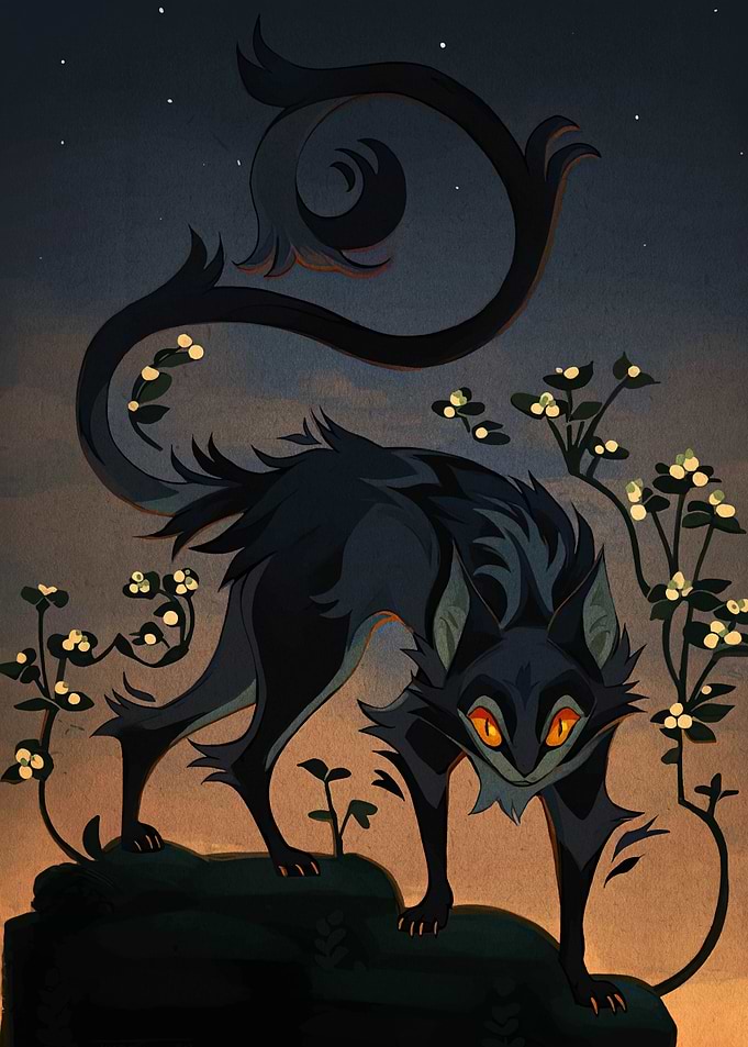 Stylized Black Cat with Floral Tail