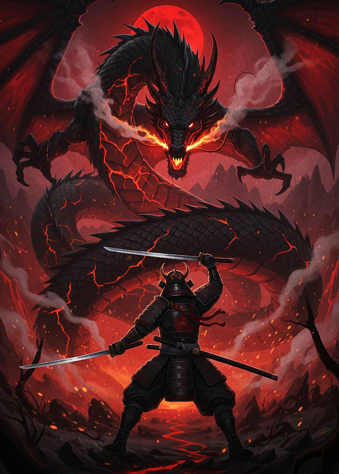 Samurai vs. Dragon Under Red Moon
