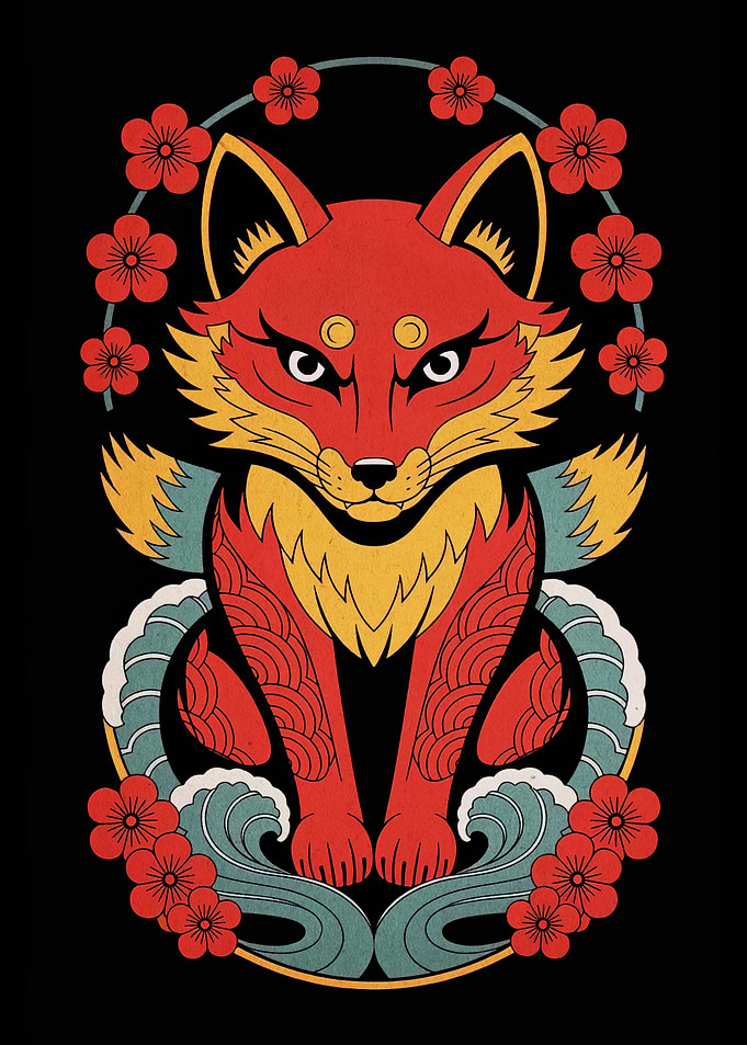 Japanese Fox with Flowers and Waves