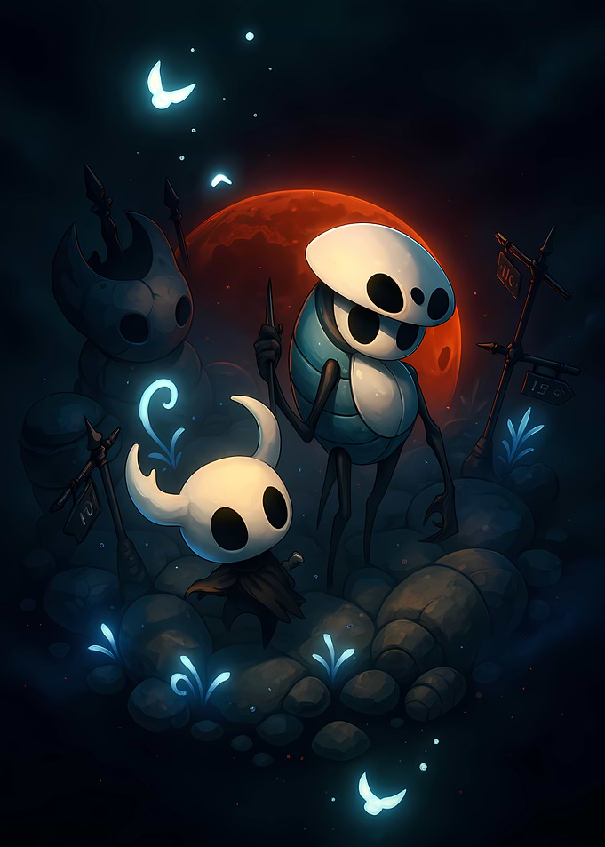 Hollow Knight characters in a dark setting