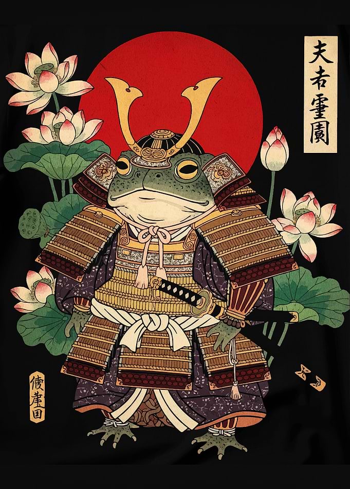 Frog Samurai with Lotus Flowers