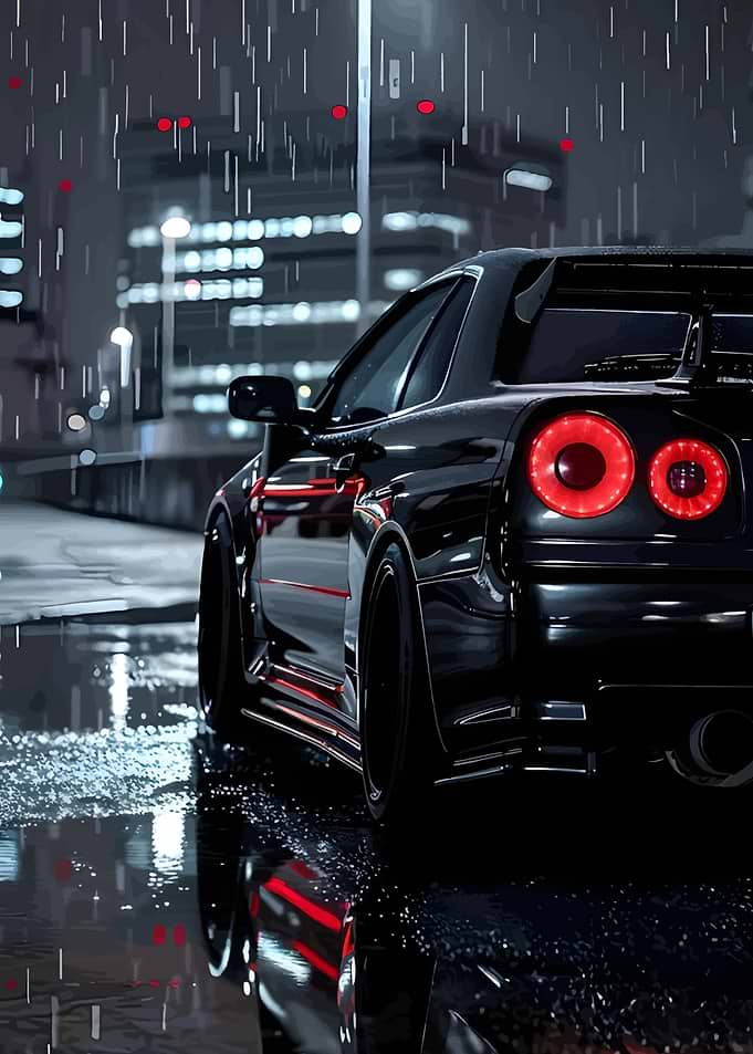 Black Car in Rainy Cityscape