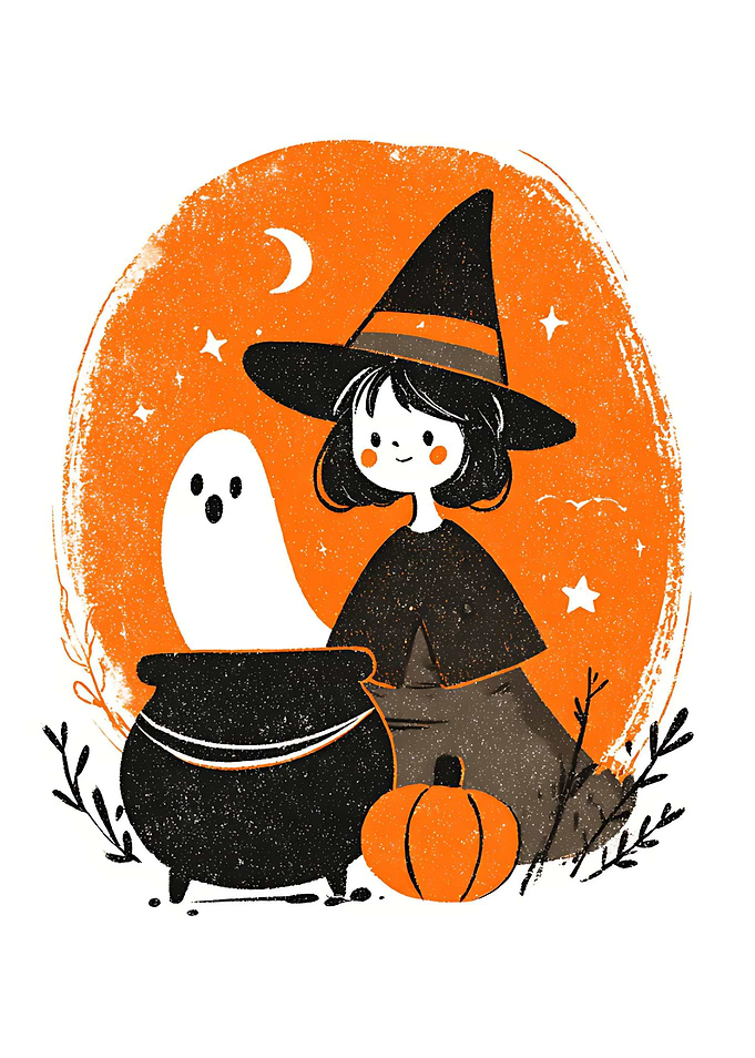 Cute Witch with Ghost Vintage Halloween Illustration