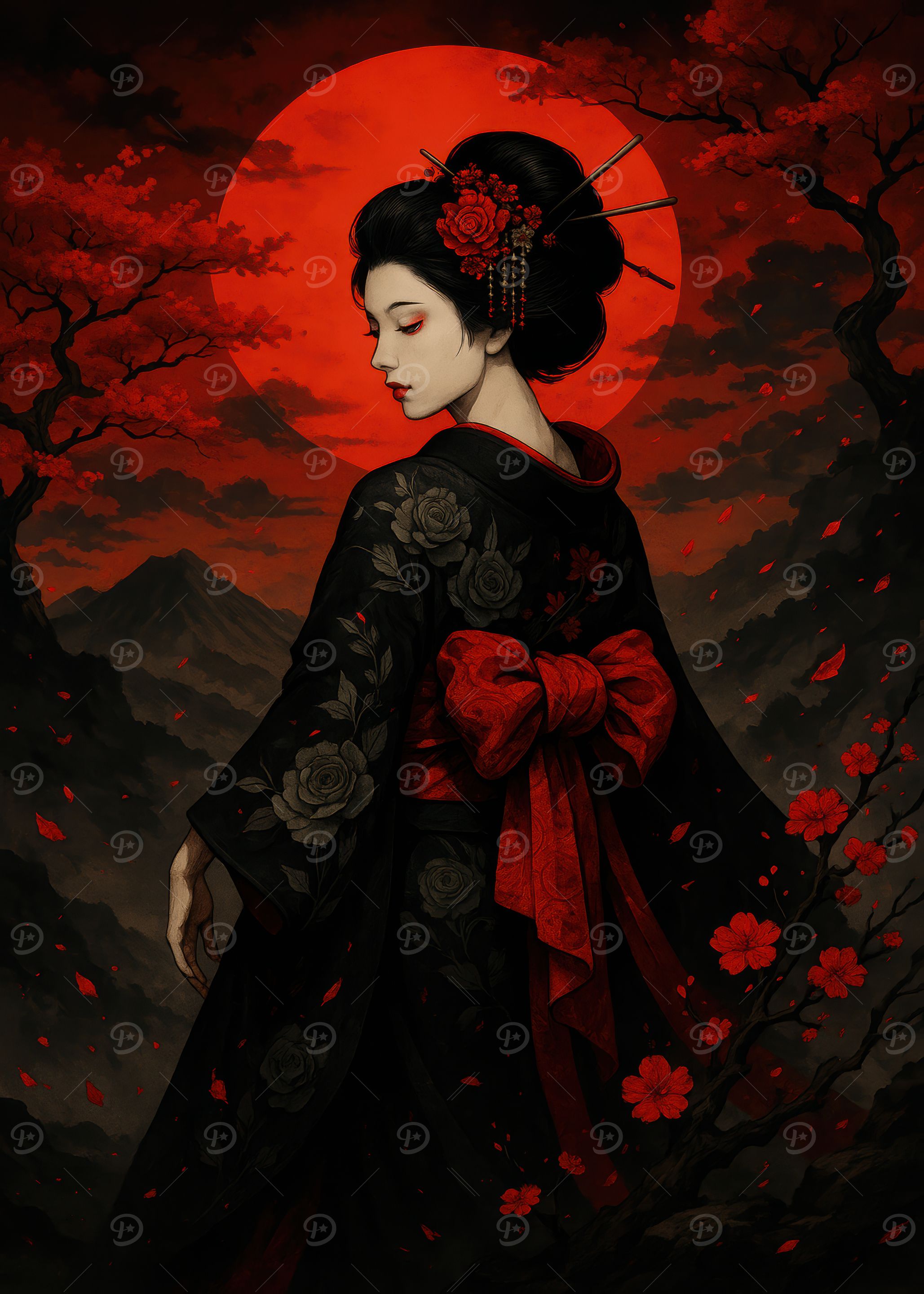 Geisha in Kimono with Red Accents