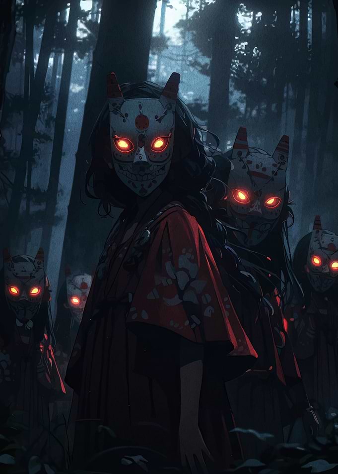 Masked figures in a dark forest