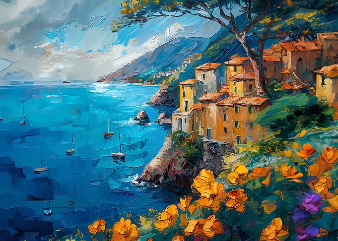 Coastal Village Painting with Flowers