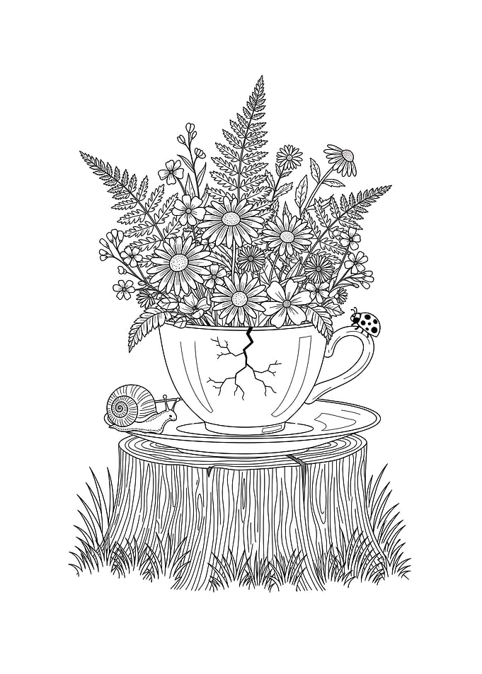 Cracked Teacup with Flowers and Insects